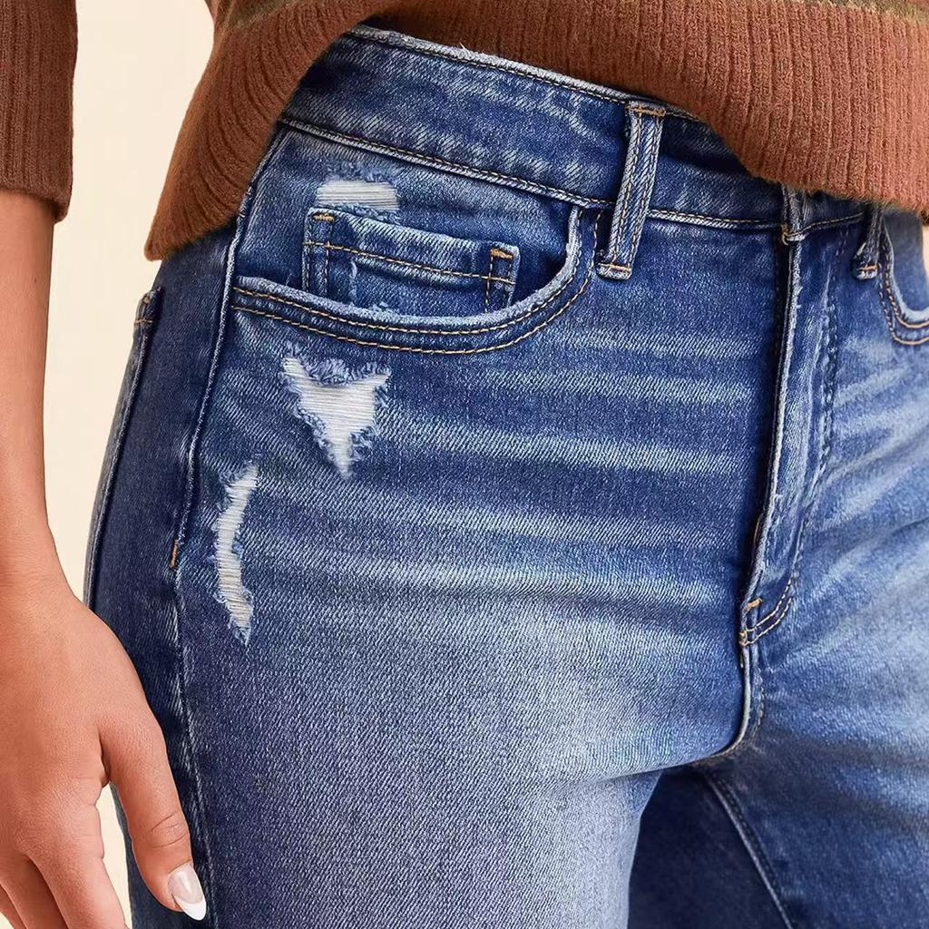 Women's High Waist Washed Women's Jeans Fashionable Versatile Straight Leg Pants
