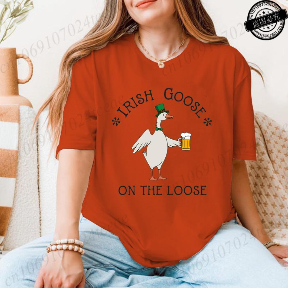 Lucky Goose on The Loose Printed Tshirt Shirt for Women St Patrick's Day T-Shirts Short Sleeve Drinking Goose Fashion Tops Tees