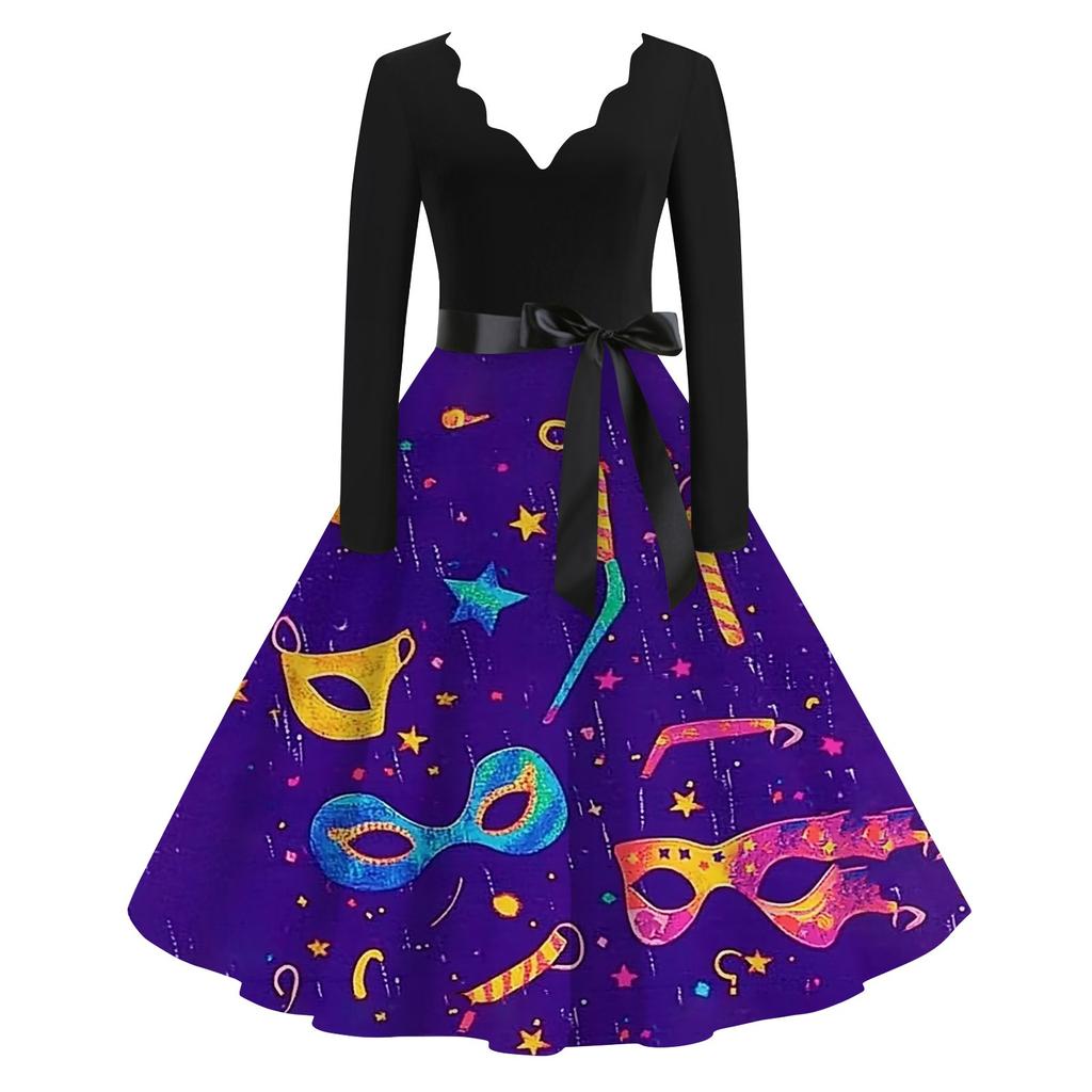 Damen Casual Fashion V-Ausschnitt Langarm Karneval Print Vintage Kleid