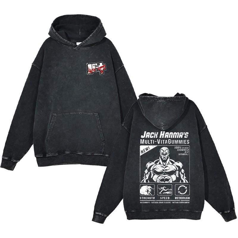 Baki Hanma Anime Streetwear Hoodie Heavyweight Cotton Washed Vintage Style Mens Long Sleeve Pullover