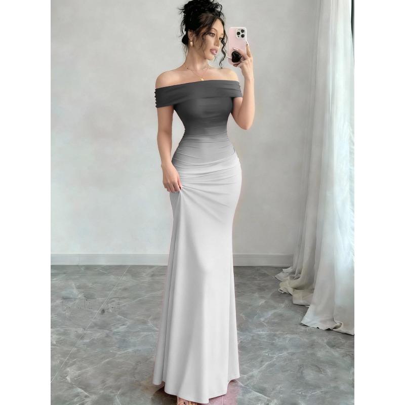 

New Fashion Short Sleeves Gradual Change One-word Collar Hip Skirt Long Dress 3XL сірий колір