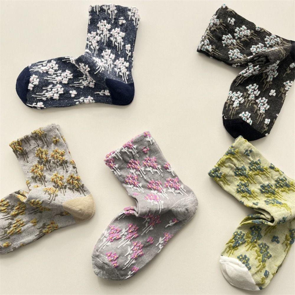 5Pairs Patchwork Floral Short Socks Breathable Mid-calf Socks Mid Tube Socks Ankle Hosiery Ethnic Style Retro Socks Spring