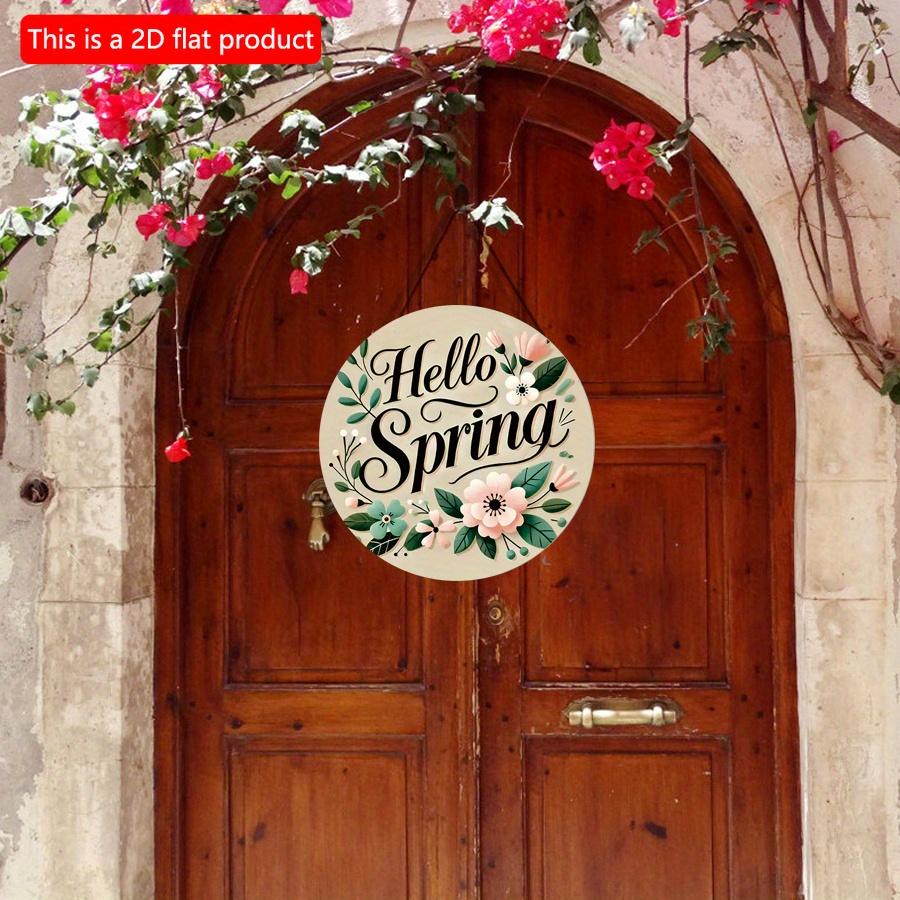 2D flach 20*20cm1St. Hallo Frühling Grüne Blätter und Blumenmuster Hängeschild aus Holz Frühling Rustikal Runde Kunstplaketten Schild für Toilette Zuhause Wohnzimmer