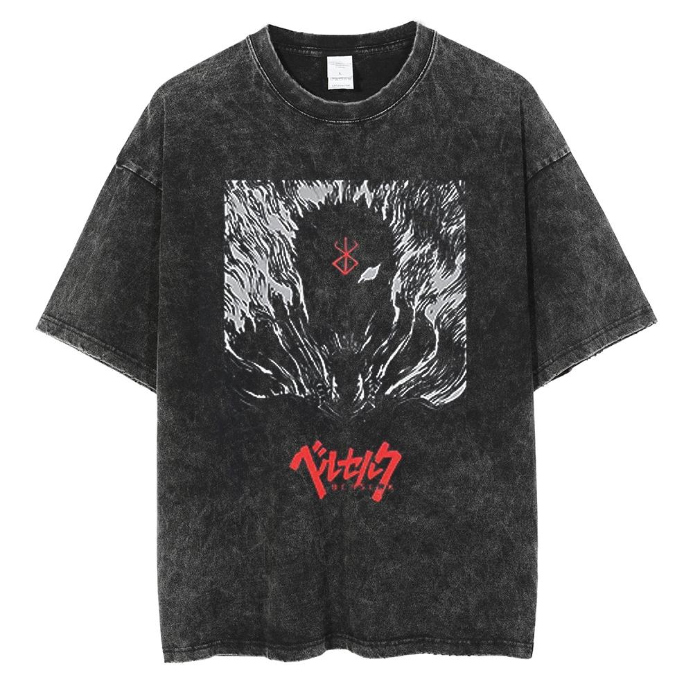 Vintage Washed Berserk TShirt for Men Women Retro Anime Skull Graphic Tees Oversized Streetwear Cotton Short Sleeve T Shirts