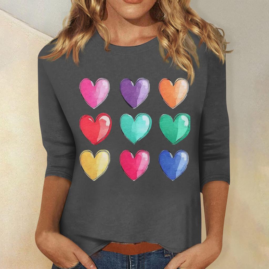 Women's Fashion Casual Round Neck 3/4 Sleeve Loose  Printed T-Shirt Ladies Top