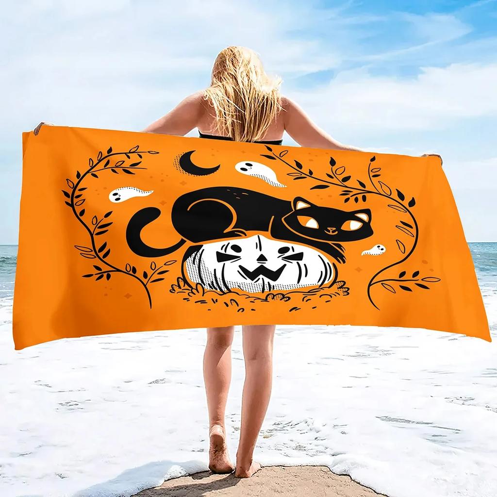 Halloween Beach Towel Microfiber Pumpkin Lantern Bath Towel Quick Dry Hand Towels Multipurpose for Bathroom, Hotel, Gym and Spa