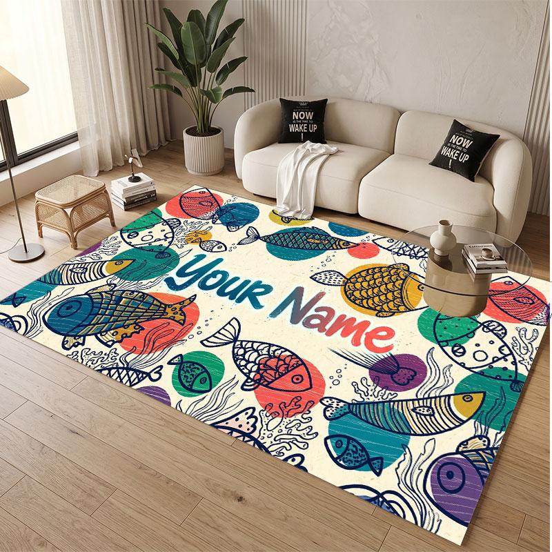 Fish Ocean Theme Soft Crystal Velvet Rug Custom Name & Text Print Non Slip Floor Rug for Bedroom Living Room