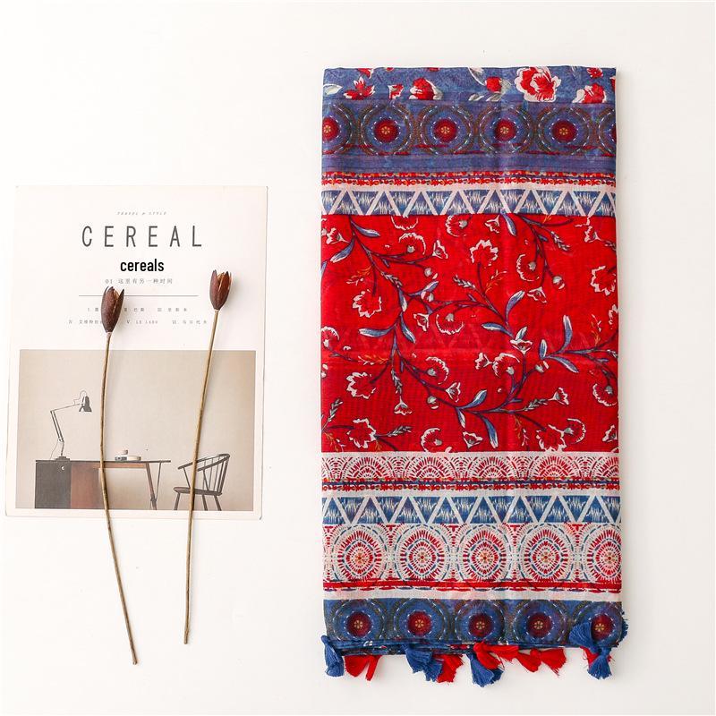 Red & Blue Ethnic Floral Cotton Scarf - Soft Bali Style Shawl for Women