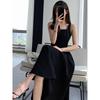 2024 Women's Black Spaghetti Strap Dress - French Style, Waist-Hugging, Hepburn Inspired, Square Neck, High Waist, Over-the-Knee Length