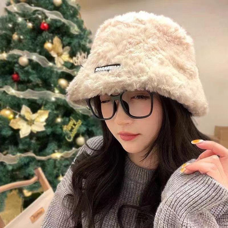 Hat female winter bucket hat sweet plush hat round face small face thickened warm ear protector basin hat female