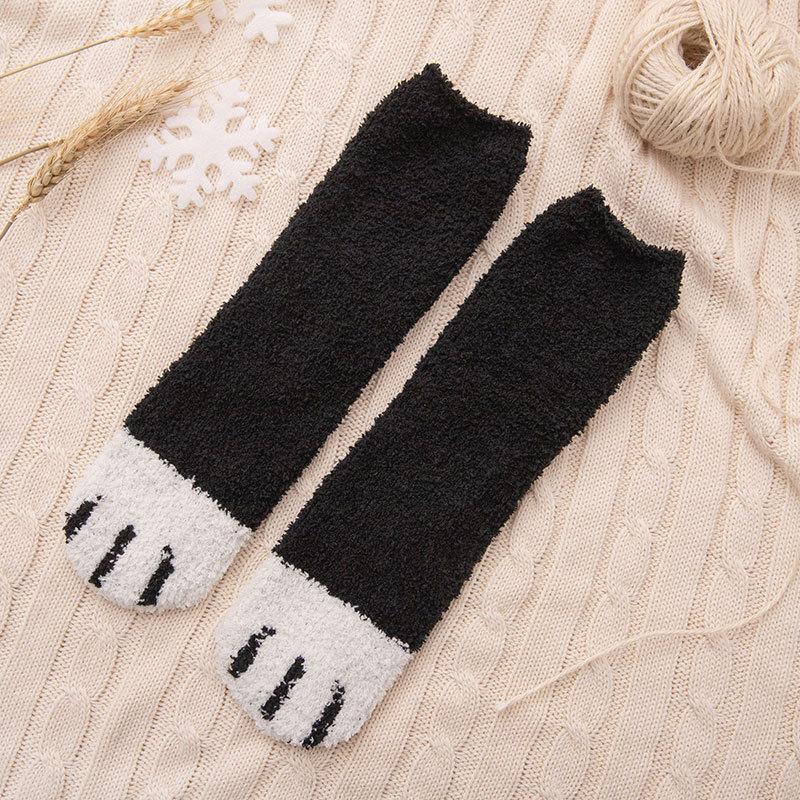 Chaussettes en peluche velours corail pour femmes, automne hiver patte de chat, jolies chaussettes de sol épaisses et chaudes