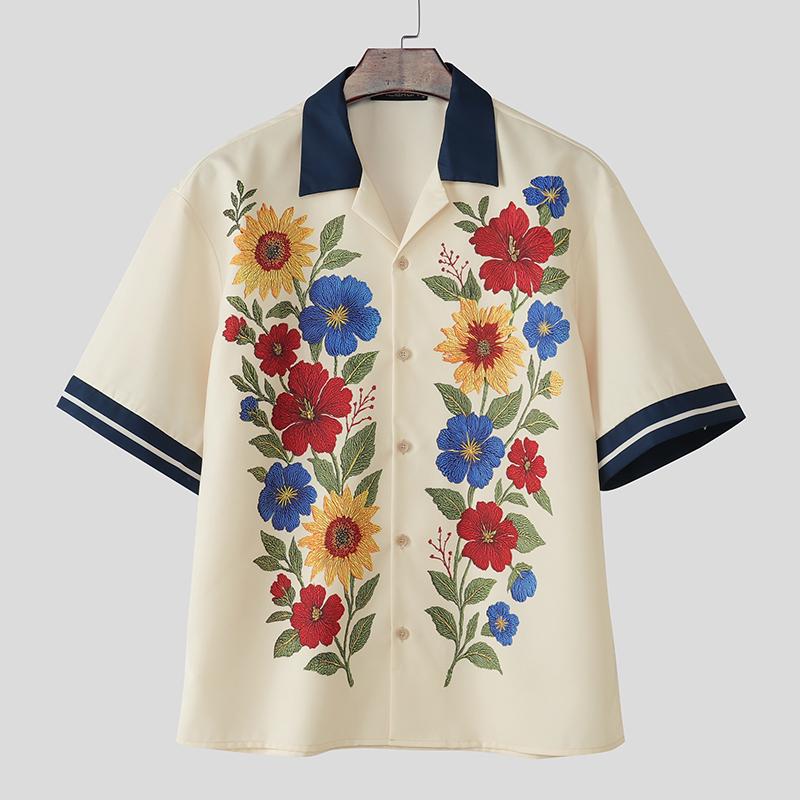 

INCERUN Oversized Summer Men Lapel Neck Short Sleeve Floral Print Casual Loose Shirts абрикосовый