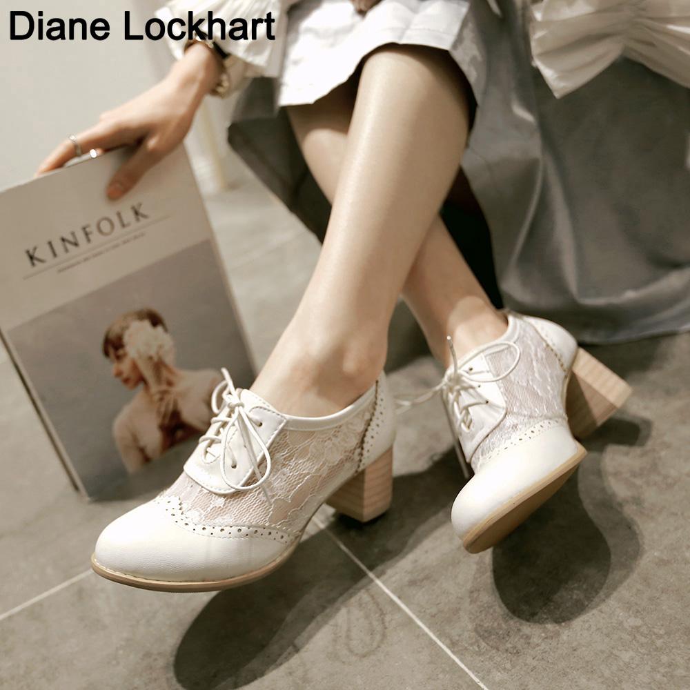 Fashion 2025 New Women Lace Mesh Breathable Pumps Shallow Brogue Shoes Ladies Vintage Oxford Shoes Lace-Up Chunky High Heels Female34-43