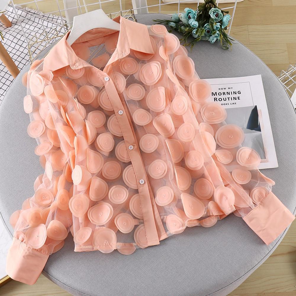 French Court-Inspired 3D Floral Chiffon Blouse with Hollow Lantern Sleeves