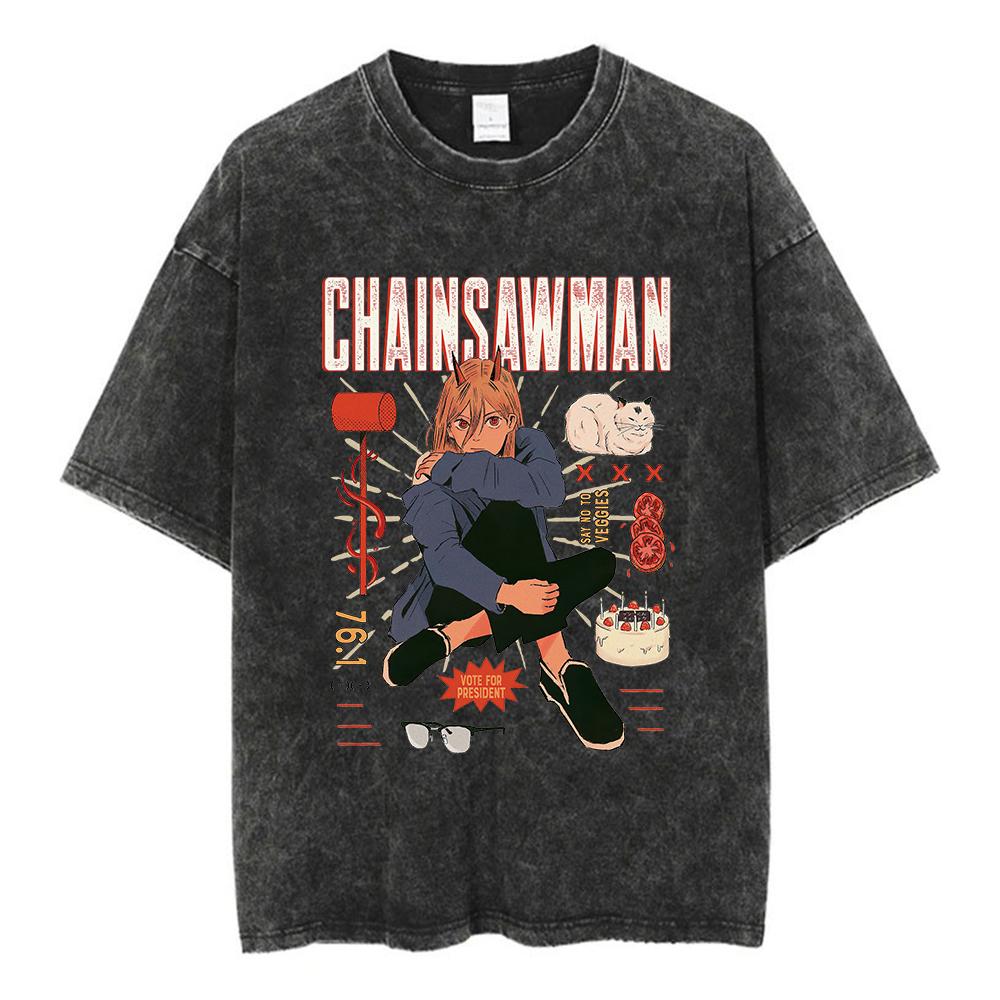 Anime Chainsaw Man Acidové tričko Retro Vintage Prané Tištěné Grafické Tričko Pánské Bavlněné Ležérní Tričko s Krátkým Rukávem Topy