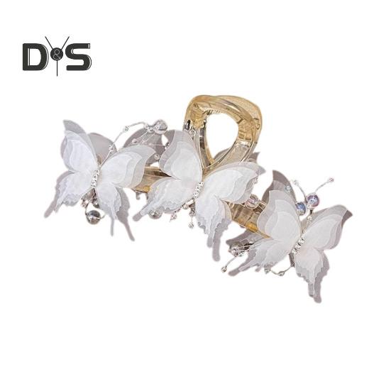 

Женская заколка для волос с когтями из сетчатой пряжи, декор в виде бабочек, блестящие стразы, заколка для волос с противоскользящими зубцами, задняя часть головы, зажим для волос в виде акулы белый