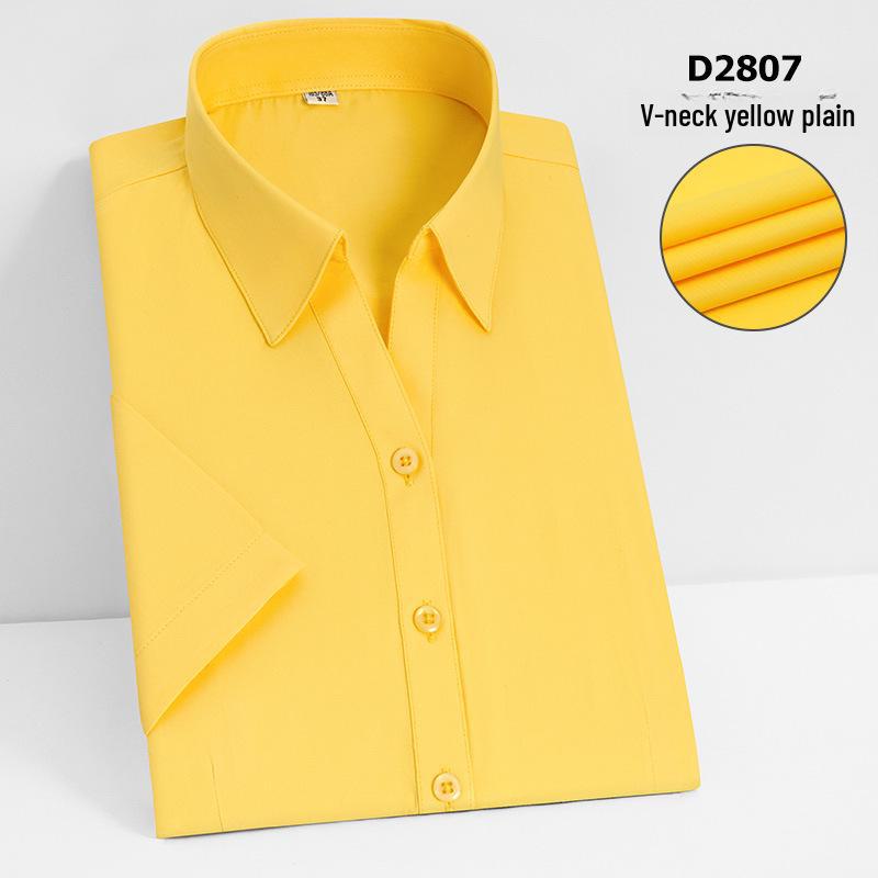 Camisa Social Feminina Slim Fit de Manga Curta - Branca com Listras Azuis, Sem Ferro, Gola V.