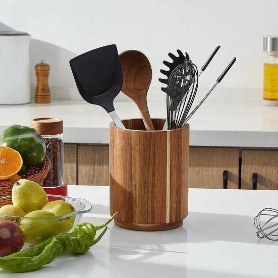Wooden Utensil Holder 360 Degrees Rotating Kitchen Countertop Organizer Large Capacity Spatula Spoon Cooking Tools Utensil