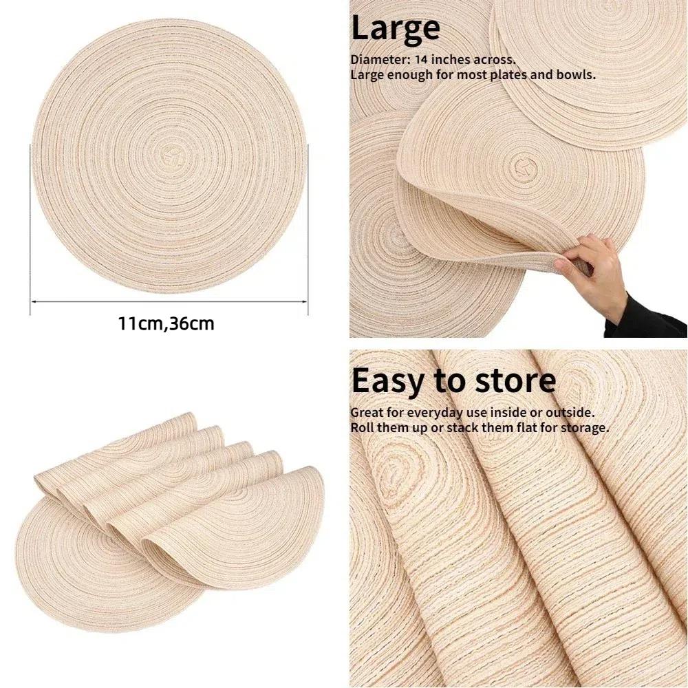 4pcs/Set Vintage Round Woven Placemats Heat Resistant Washable Braided Place Mats Non-Slip Dish Plate Pot Mat Dining Table