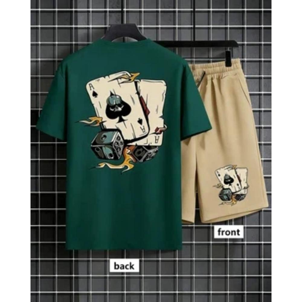 American men's summer fashion poker graffiti print comfortable breathable round neck T-shirt shorts set outdoor streetwear