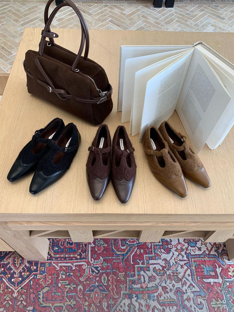 2025 Winter Atmosphere! Temperament Woolen Pointed Splicing Mary Jane Shoes Women's Autumn Velvet Inner Height-increasing Single Shoes