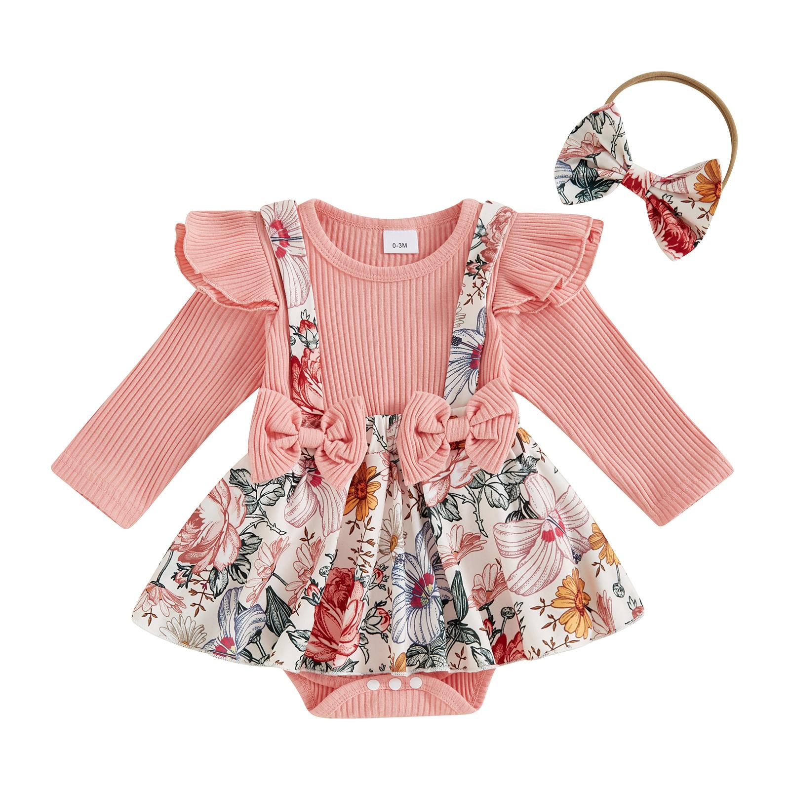 

Осенний наряд для девочки, цветочный принт, круглый вырез, длинный рукав, ребристый комбинезон, комплект для малышей с бантом и повязкой на голову 0-3 Months розовый
