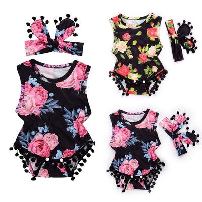 Infant Kids Clothing Baby Girls Cute Bowknot Strap Flower Romper Jumpsuit Bodysuit Top Headband Outfits Clothes Set