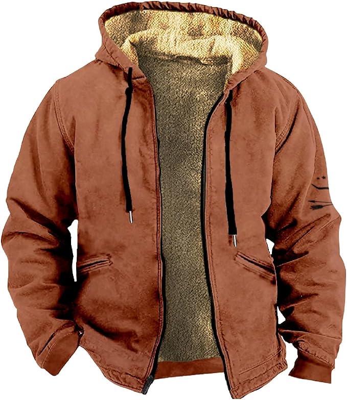Veste d'hiver rétro pour homme en coton doublée polaire avec capuche et fermeture éclair