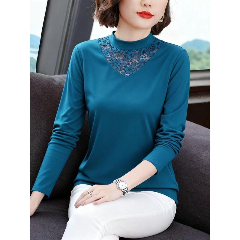 Pure Cotton Half-Turtleneck Lace Base Shirt for Women, New Spring, Autumn, and Winter Style, Fleece-Lined Long-Sleeve Slim-Fit Inner Top, Trendy
