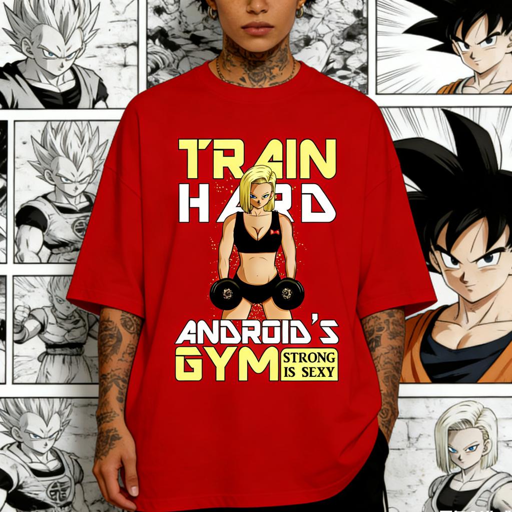 Android 18 Train Hard Gym Dragon Ball Anime Printed T-shirt Men's and Women's T-shirt Men's Top Sports T-shirt Men's T-s