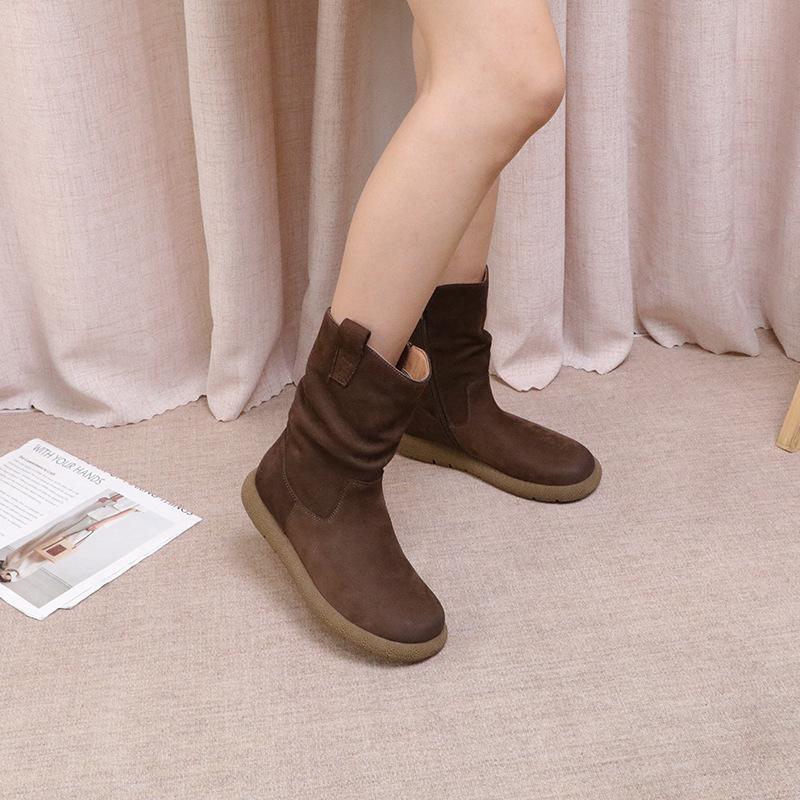 

Johnature Полусапожки Ретро Натуральная Кожа Круглый Носок Универсальные Плюшевые Теплые Женские Ботинки на Плоской Подошве 38 кофейный