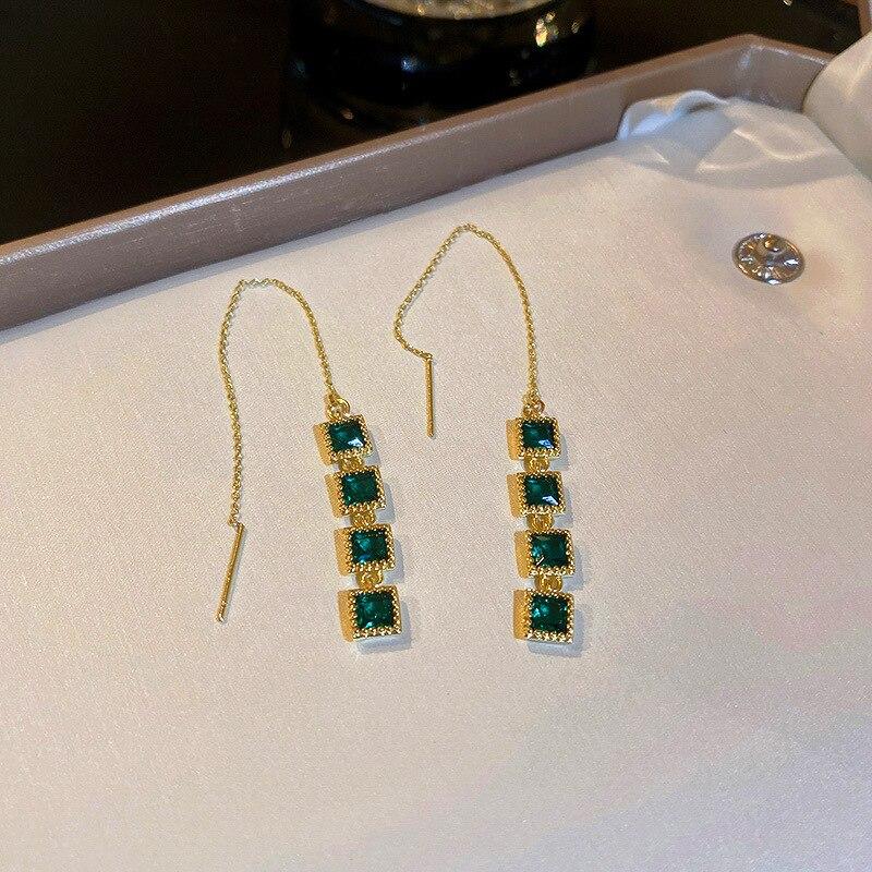 Vintage Green Rhinestone Crystal Earrings Water Droplet Heart Earrings For Women Geometric Square Drop Earrings Jewelry Gifts K0