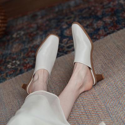 Fashion 2025 Summer Women Shoes Square Toe Square Heel Slippers Fashion Cowhide Leather Shoes for Women Casual Mules for Women