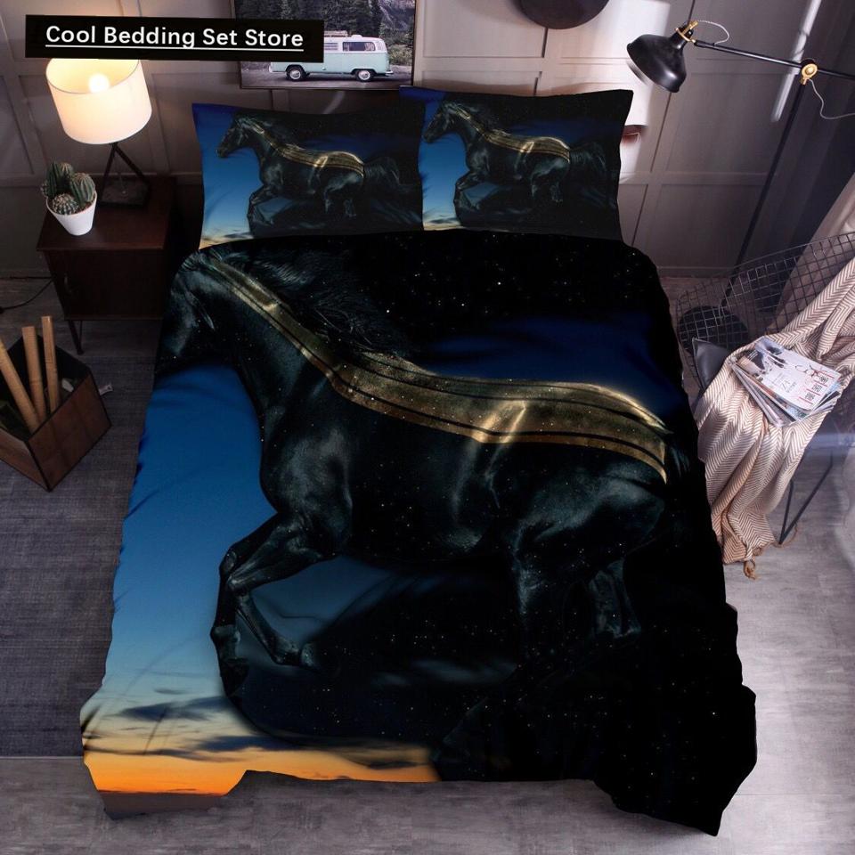 3D Horse Printing Duvet Cover Animal Bedding Set Twin Full Double Queen King Size for Kids Men Black Soft Quilt Cover Pillowcase