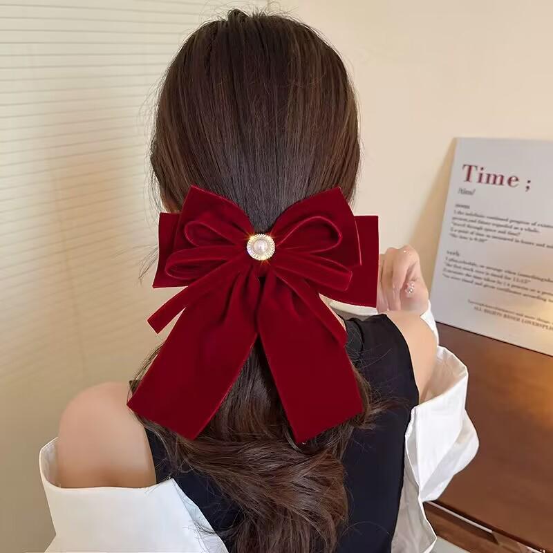 Velvet Bow Pearl Inlaid Hair Clip: Japanese & Korean Style