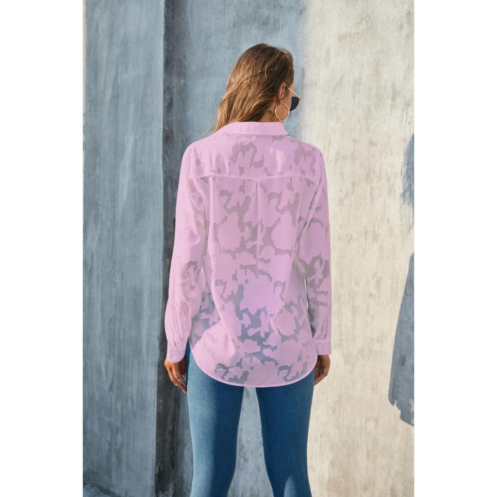 Luxurious Jacquard Sheer Blouse - Stylish Button-down with Elegant Long Sleeves - Perfect for Spring and Fall Closets!