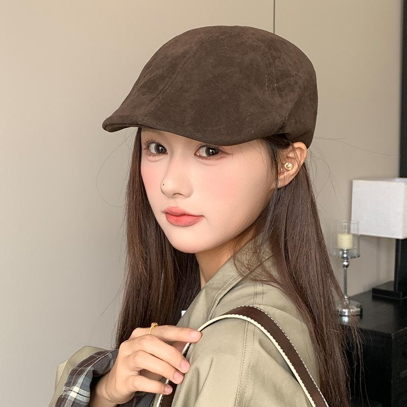 Suede Brown Forward Hat Women's Autumn and Winter British Retro Literary Beret Korean Style Face Showing Little Painter Hat
