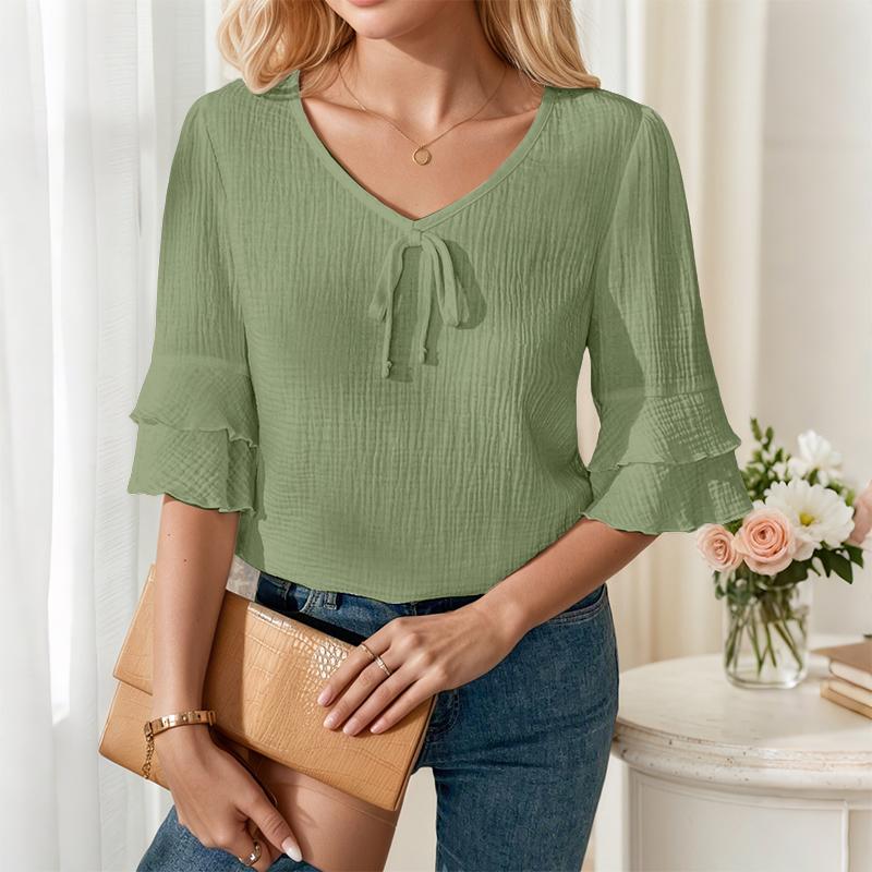 

ZANZEA Женская повседневная блузка с V-образным вырезом, свободного кроя, с рукавами 3/4, летняя зелёный