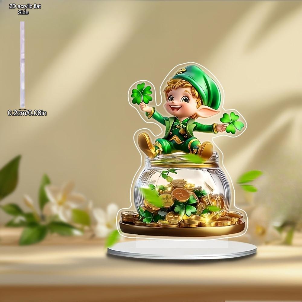 Acrylic Leprechaun Statue with Clover & Golden Pot - Bohemian Style Daytime Decoration - Light-Catching Base - Ideal for Home, Office, Living Room