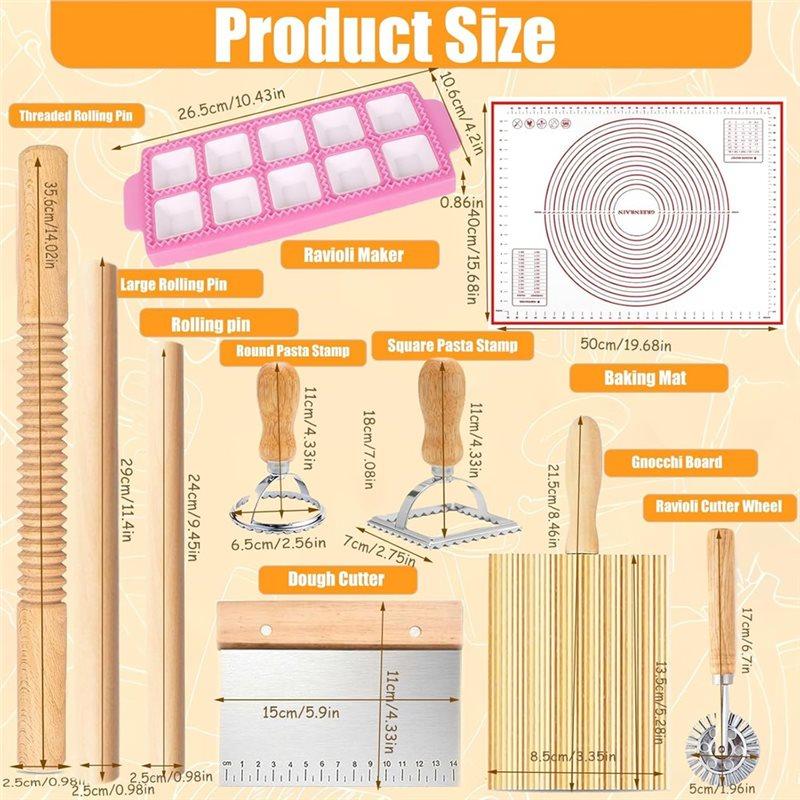 AT19-Kit Attrezzi per Fare la Pasta Include Set per Ravioli, Mattarelli, Gnocchiere, Stampini, Tagliapasta e Tappetino da Forno