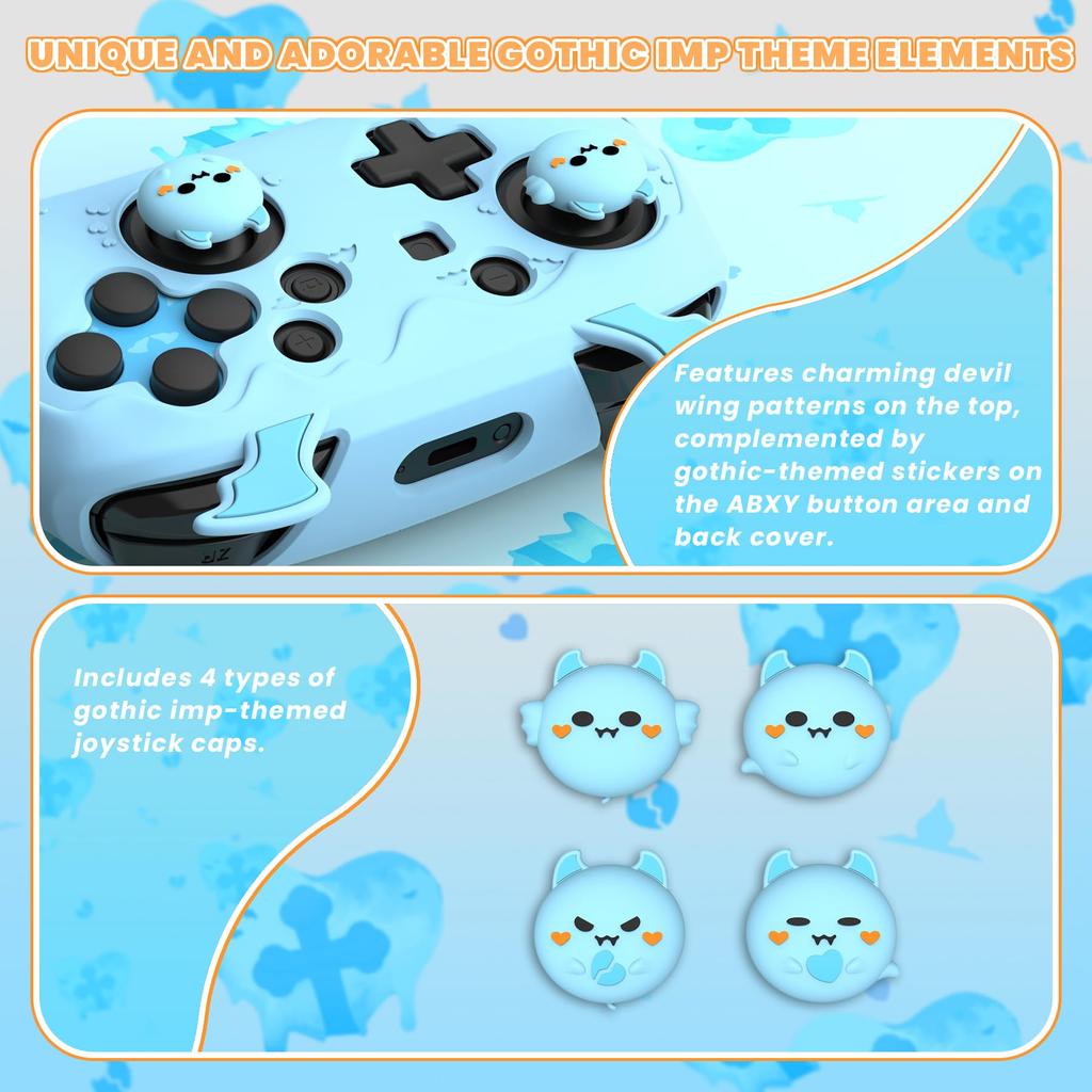 PlayVital Gothic Imp Series Cute Silicone Protective Cover for Switch Pro Includes 4 Thumb Grips and 2 Grip Silicone Cover Controller, Stickers,