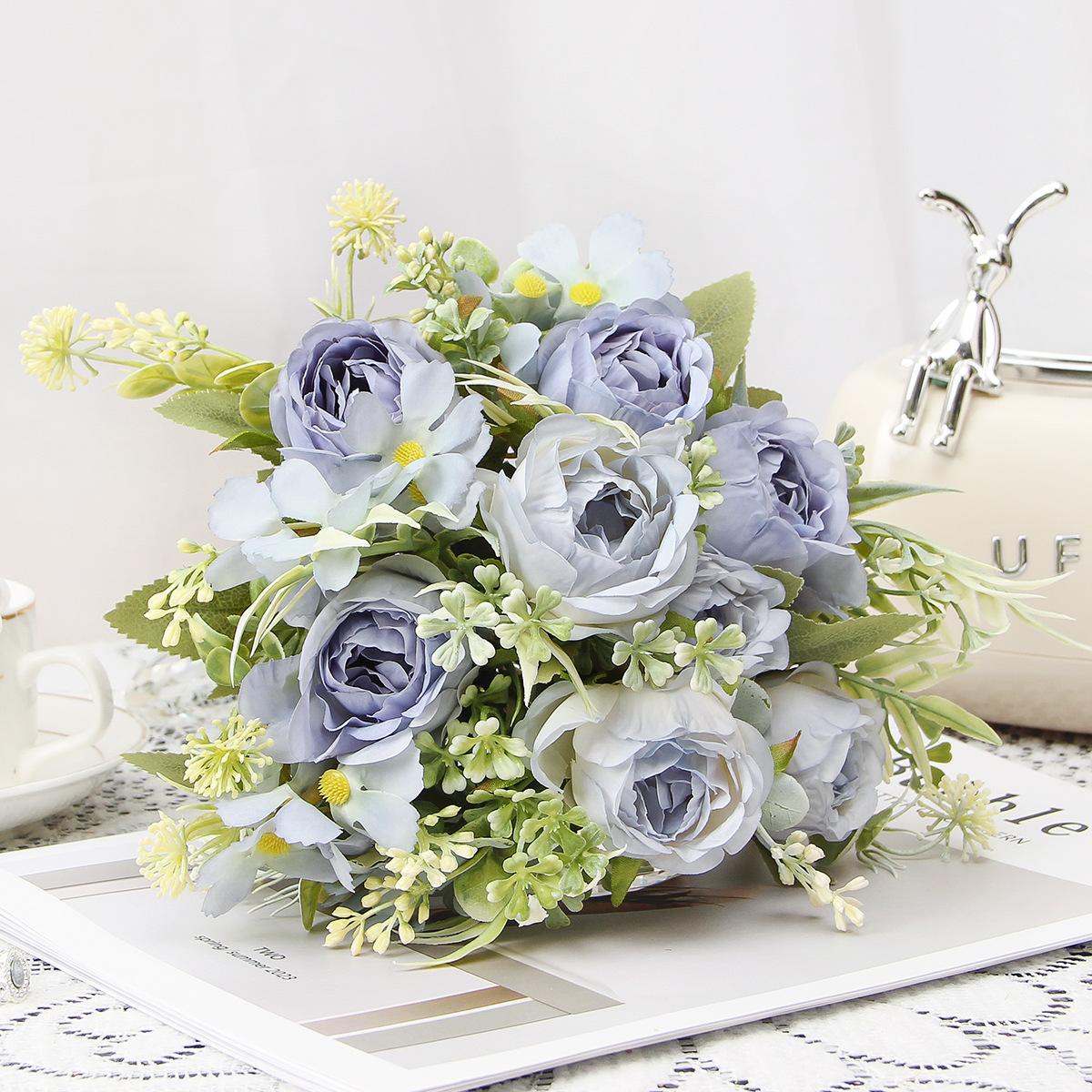 Mona Peony Artificial Flower Home Wedding Rose Bouquet синий