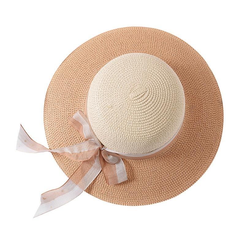 FashionTwo-color Patchwork Striped Bowknot Summer Sun Hat Women Straw Beach Hat Large Brimmed Hat