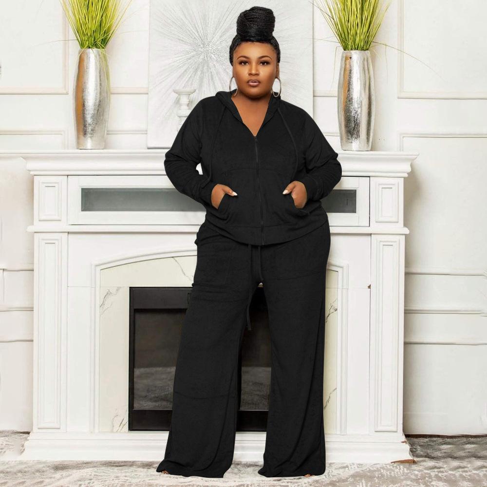 Plus Size Velvet Women's Two 2 Piece Set Outfits Fashion Curve Straight Pants Suit and Track Jacket Street Tracksuit