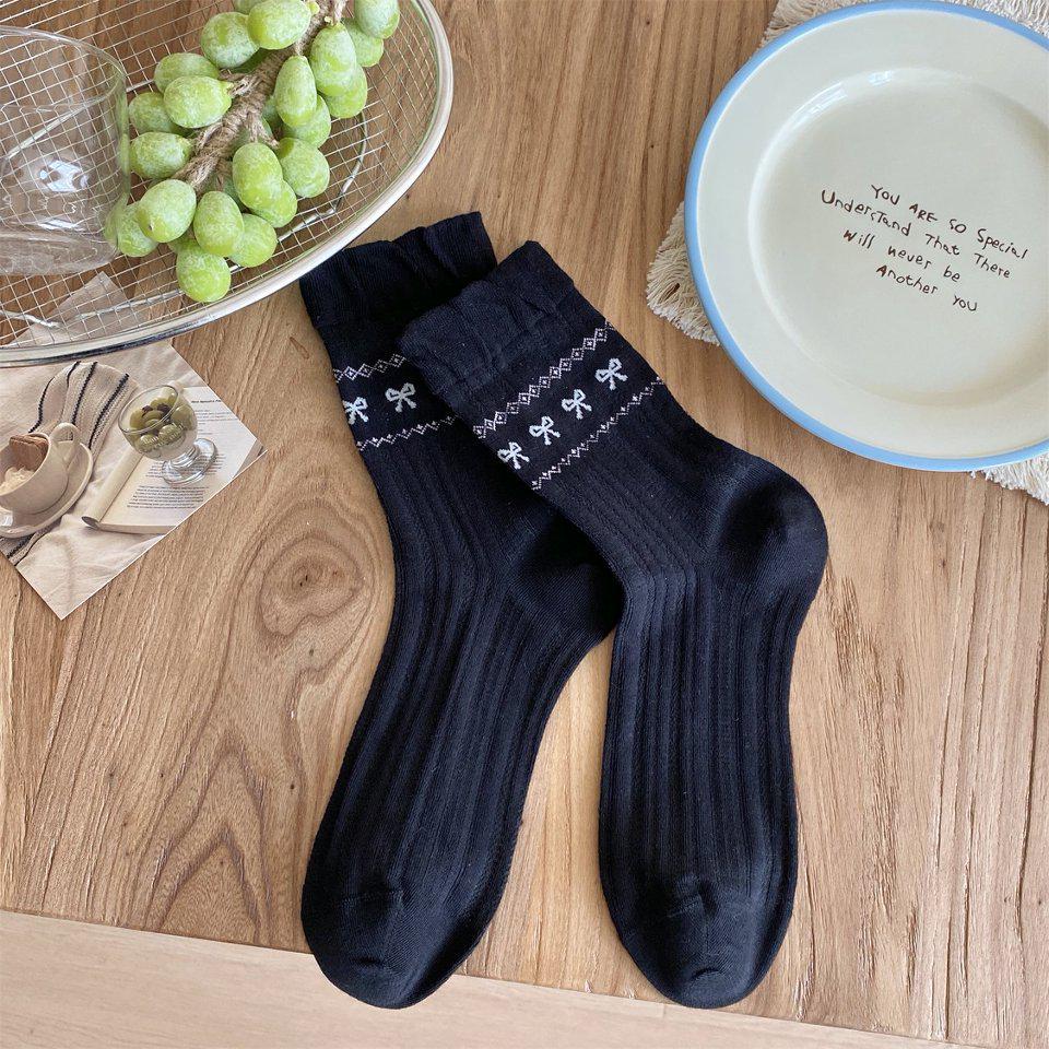 Retro Fair Isle Ruffle Bow Mid-Calf Socks for Women - Cute Lace Academy Style Slouch Socks