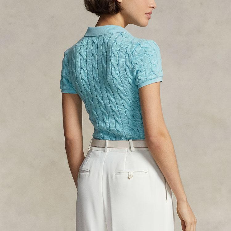 Polo Ralph Lauren SS23 Solid Cable Knit Short Sleeve Polo Shirt Women Tops Blue WMPOKNINCU20643-300