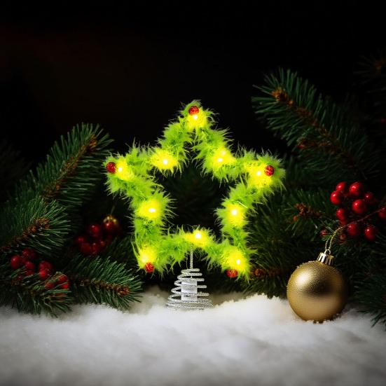 Furry Green Elf Tree Top Star 3D Plush Faux Fur Star Christmas Treetop Ornament with Red Balls for Xmas Tree Holiday Home Party Decor