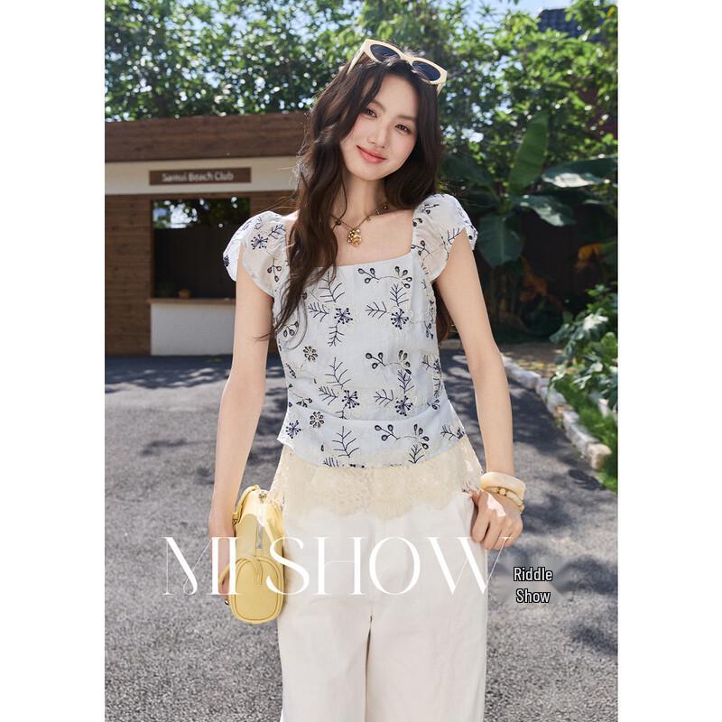 French Retro Embroidered Tencel Blouse S