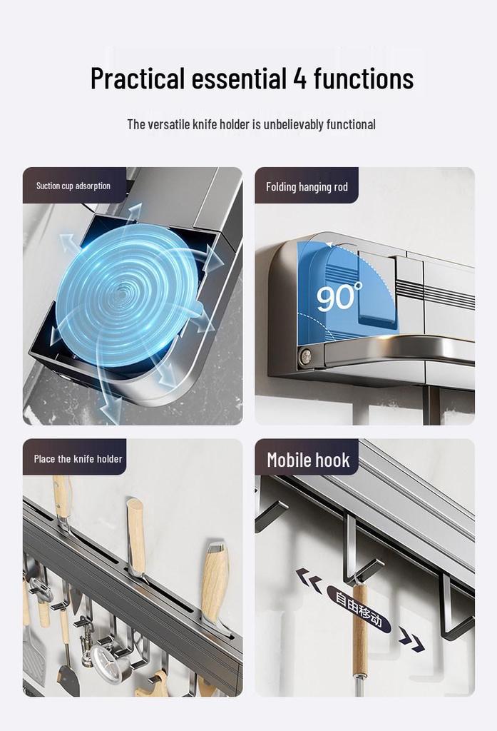 Porta coltelli da cucina pieghevole da parete senza fori con supporto a ventosa multifunzionale in acciaio inossidabile