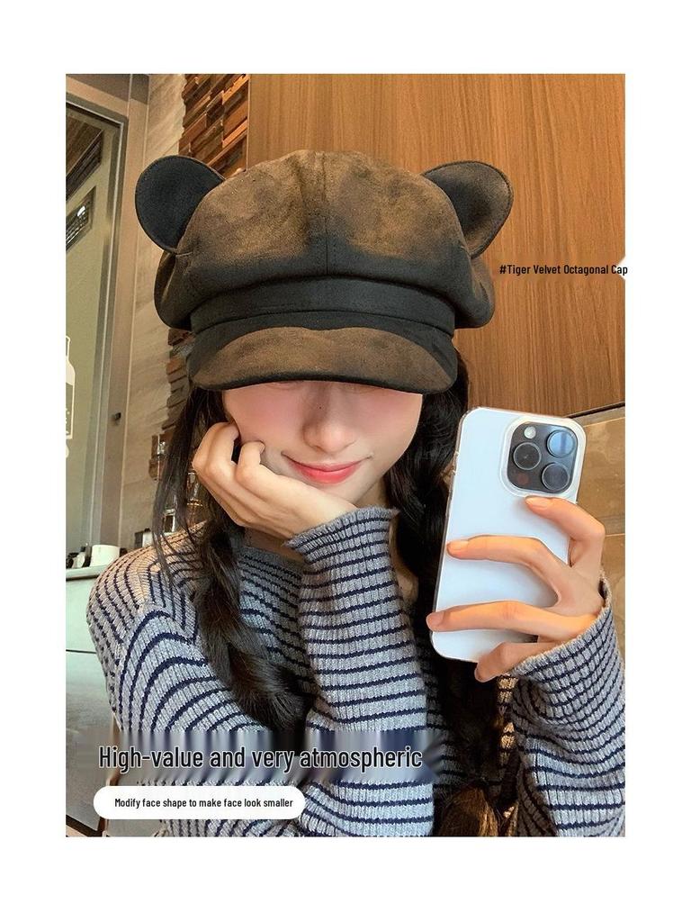Women's Sweet Bear Ears Suede Octagonal Beret - Cute, Versatile Autumn/Winter Hat for a Flattering Fit